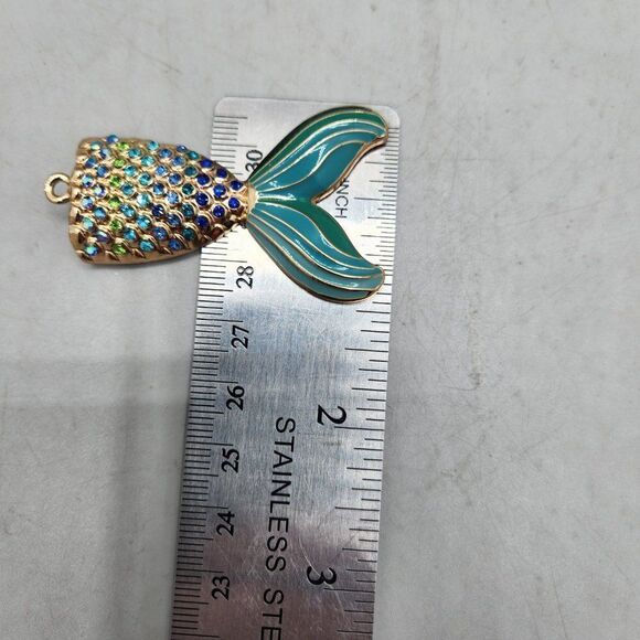 Aqua Blue Mermaid Tail Necklace Pendant Gold Tone Rhinestone - Picture 4 of 5